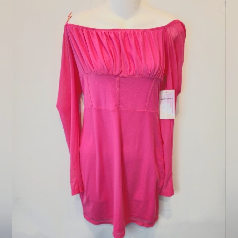 New Hot Pink Bodycon Dress Barbie Style Sheer Sleeves Barbie Dress Womens Size L